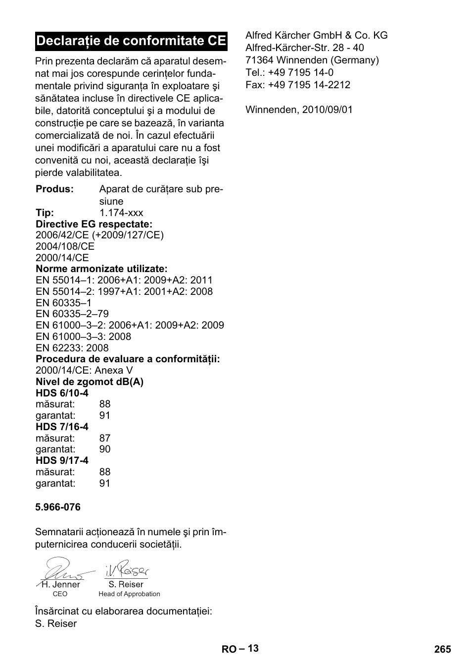 Declaraţie de conformitate ce | Karcher HDS 7-16 4C Basic User Manual | Page 265 / 376