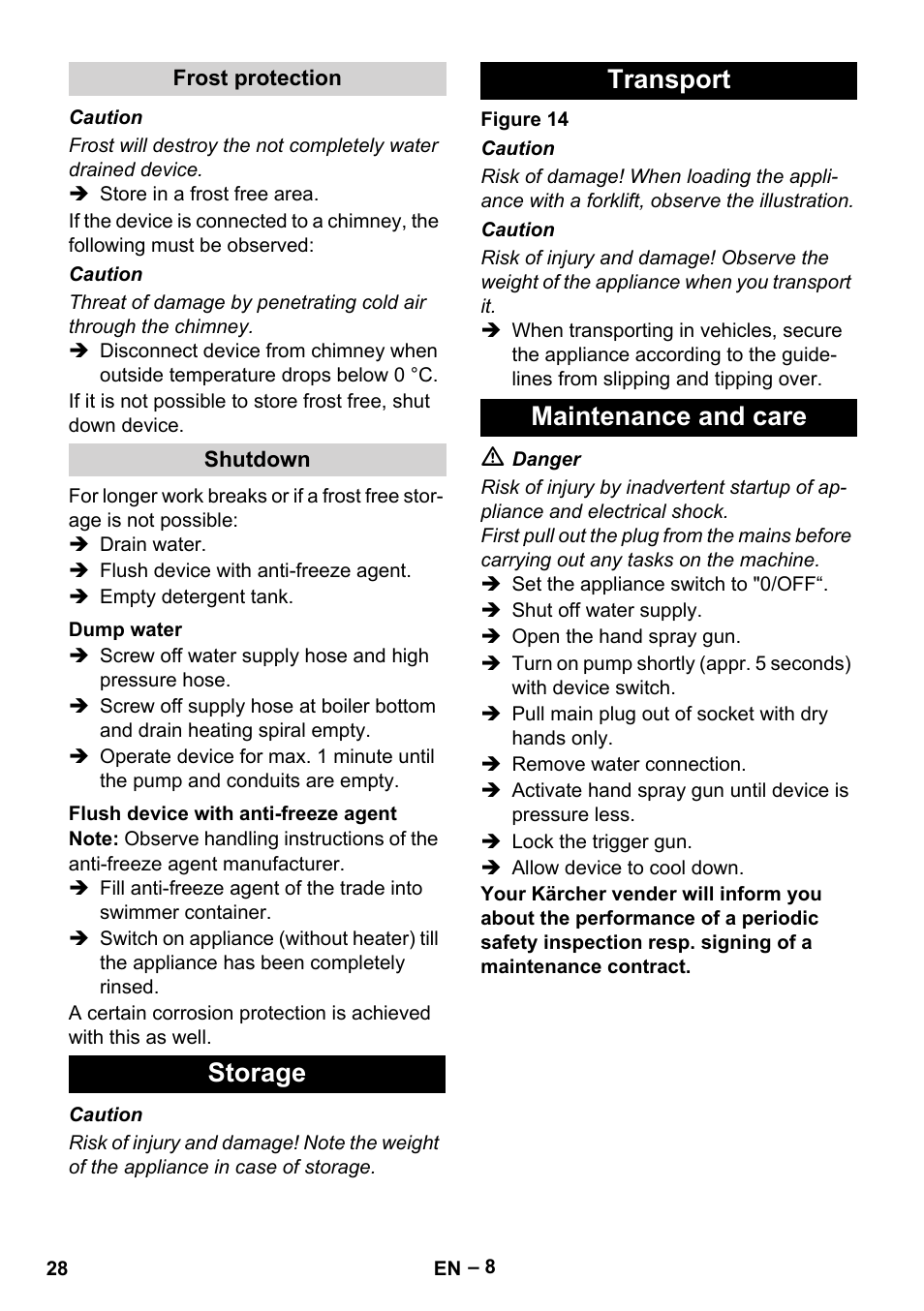 Storage transport maintenance and care | Karcher HDS 7-16 4C Basic User Manual | Page 28 / 376