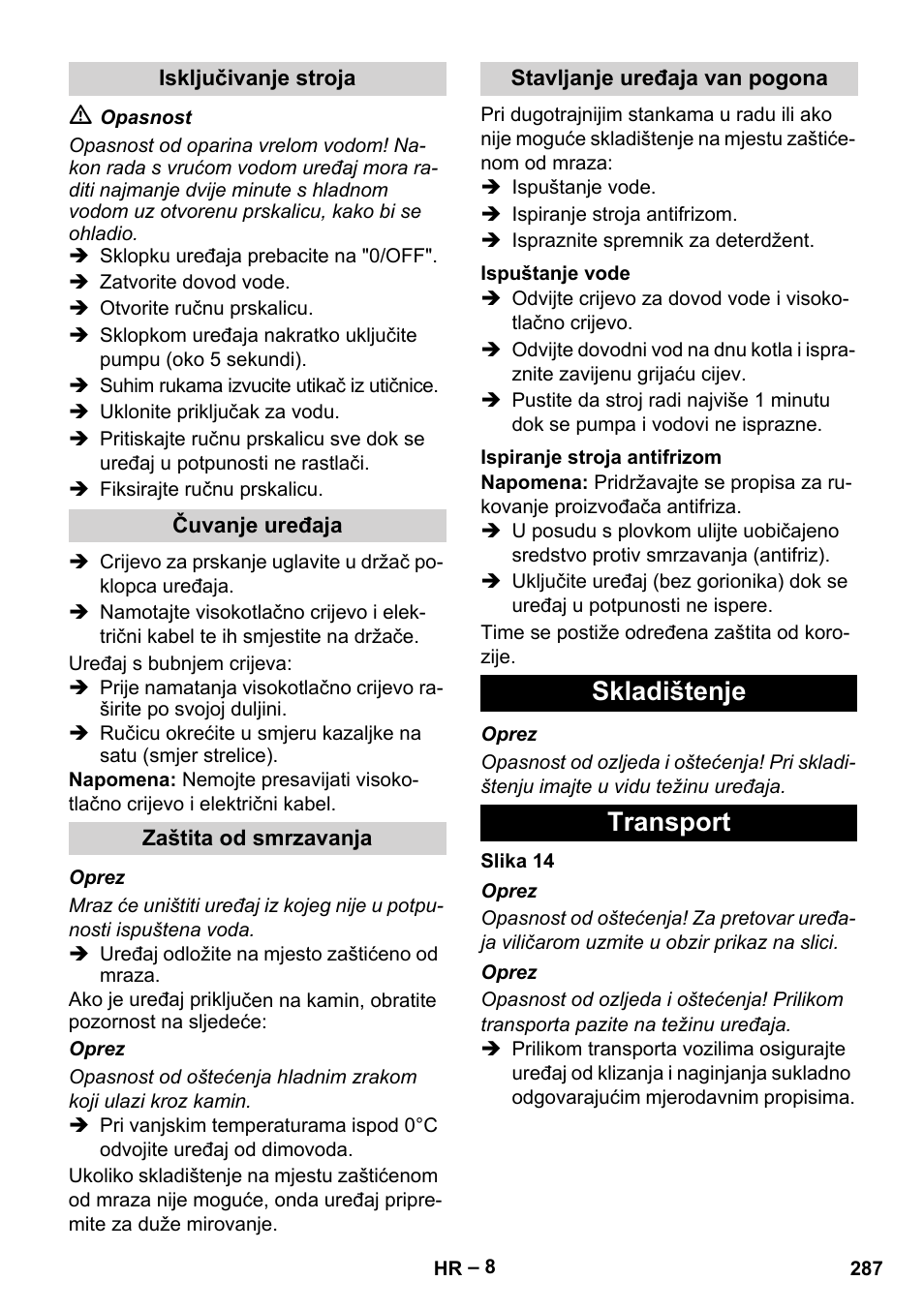 Skladištenje transport | Karcher HDS 7-16 4C Basic User Manual | Page 287 / 376