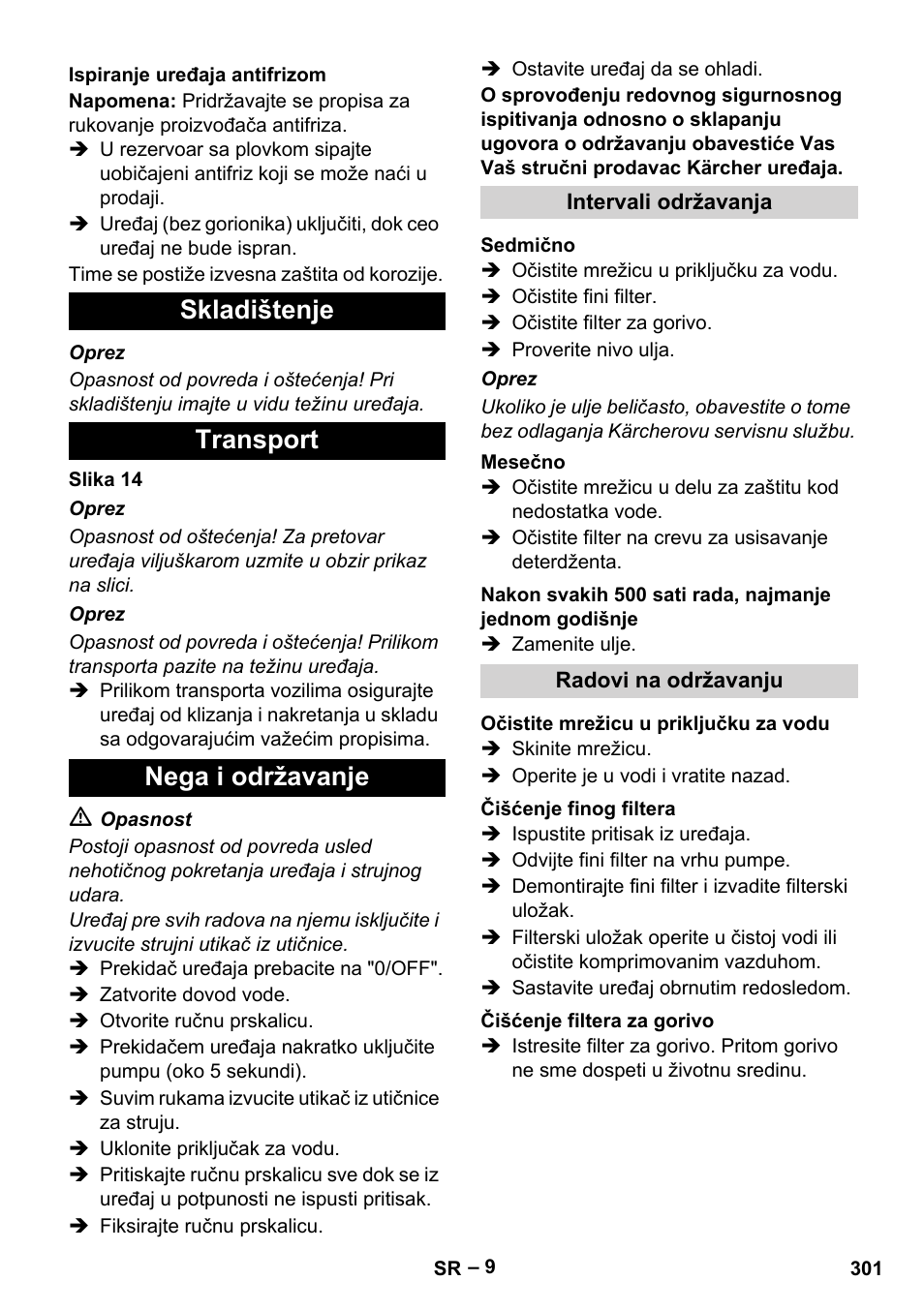 Skladištenje transport nega i održavanje | Karcher HDS 7-16 4C Basic User Manual | Page 301 / 376