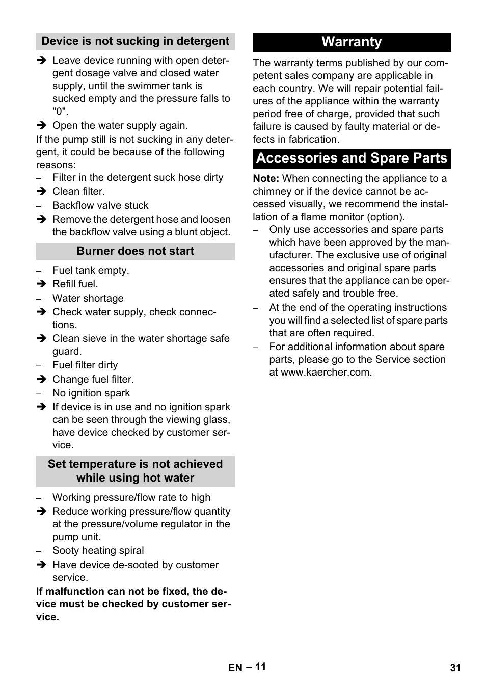 Warranty accessories and spare parts | Karcher HDS 7-16 4C Basic User Manual | Page 31 / 376