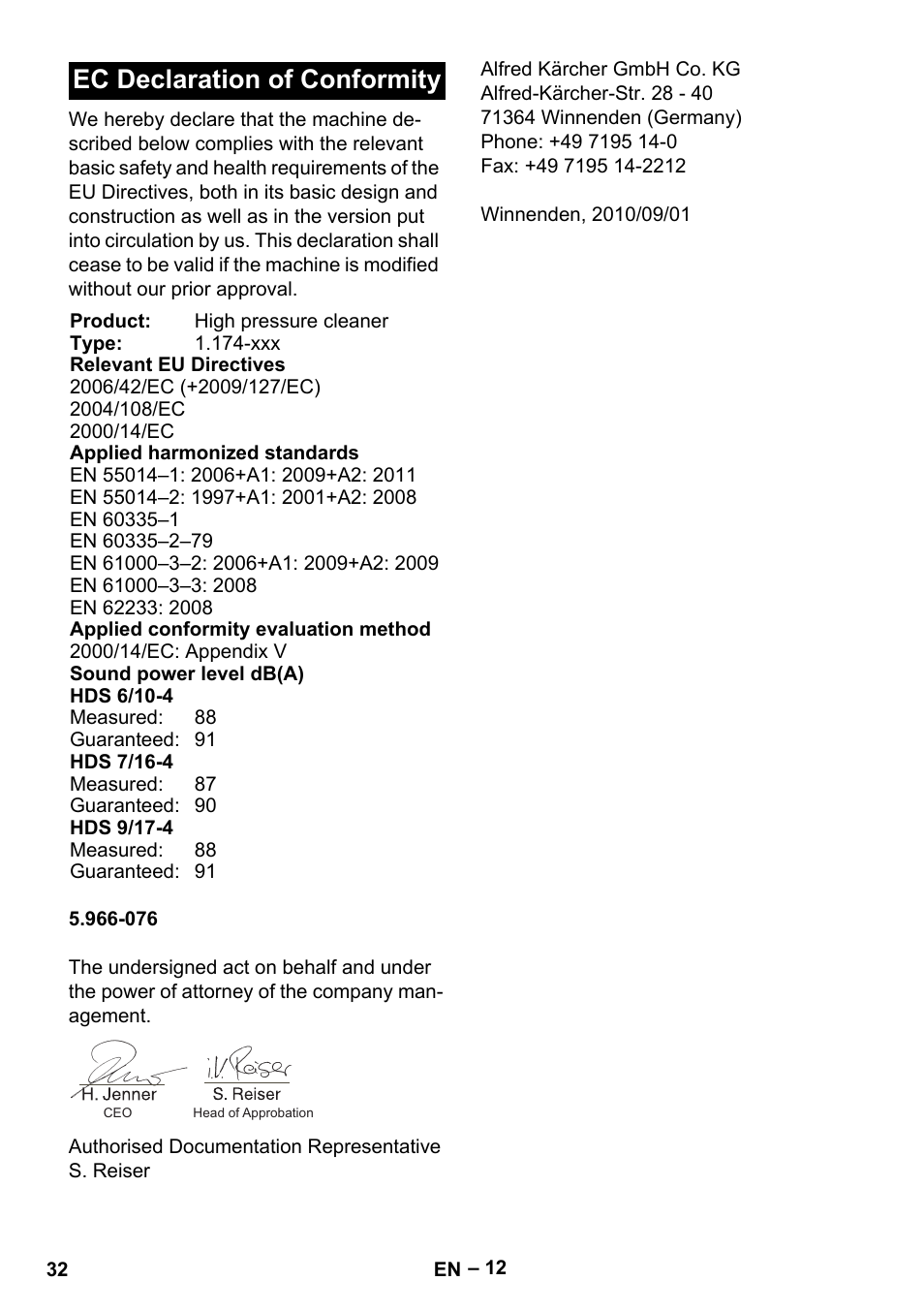 Ec declaration of conformity | Karcher HDS 7-16 4C Basic User Manual | Page 32 / 376