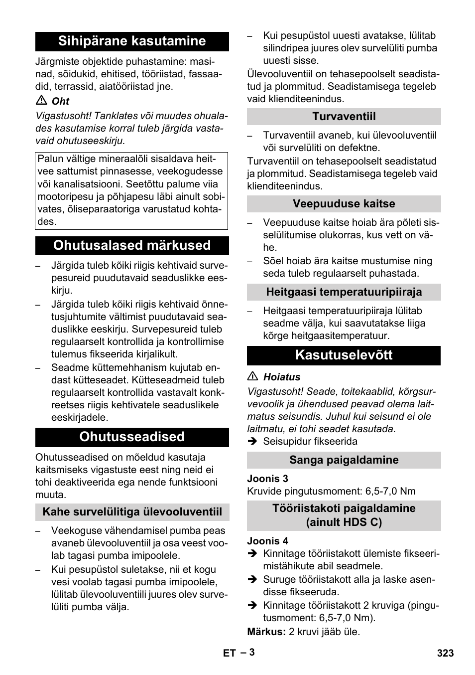 Sihipärane kasutamine, Ohutusalased märkused ohutusseadised, Kasutuselevõtt | Karcher HDS 7-16 4C Basic User Manual | Page 323 / 376