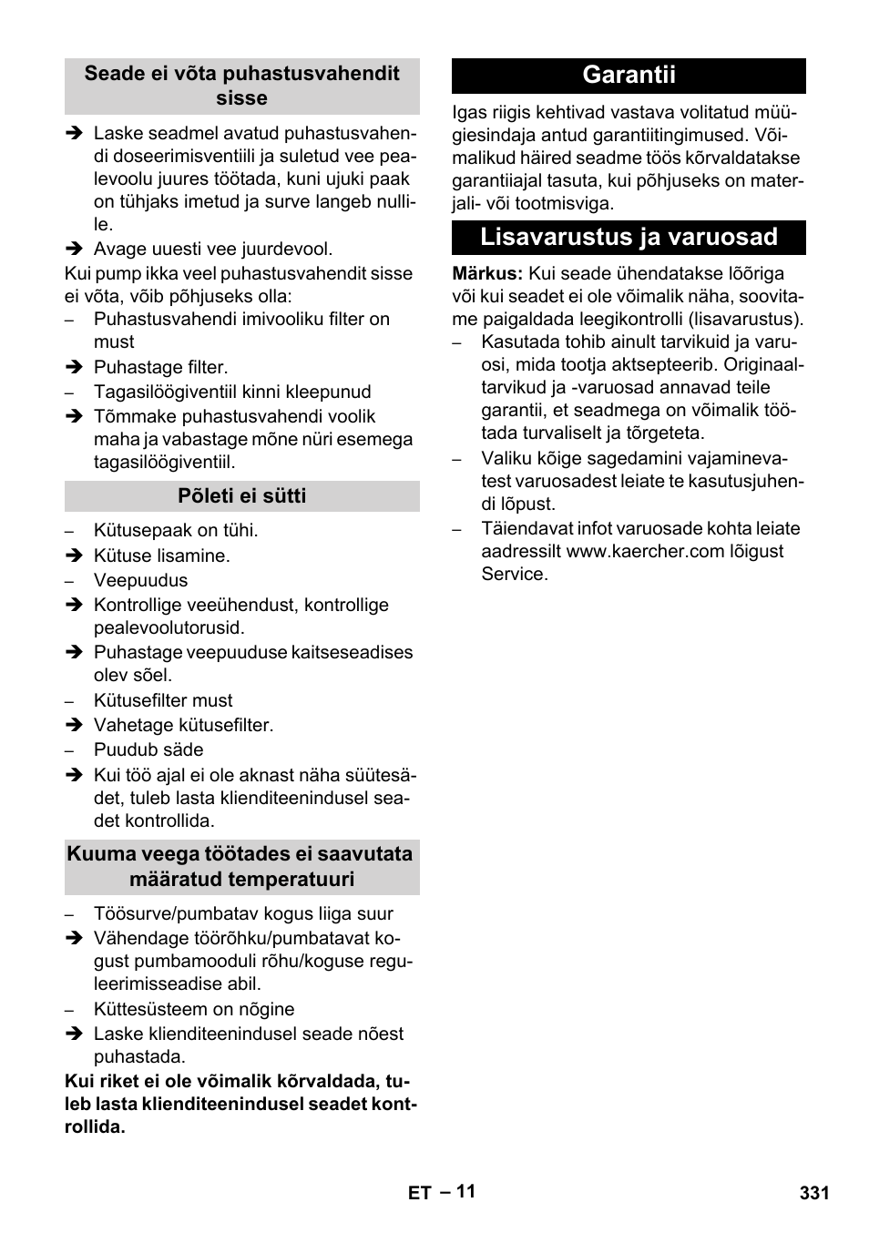 Garantii lisavarustus ja varuosad | Karcher HDS 7-16 4C Basic User Manual | Page 331 / 376