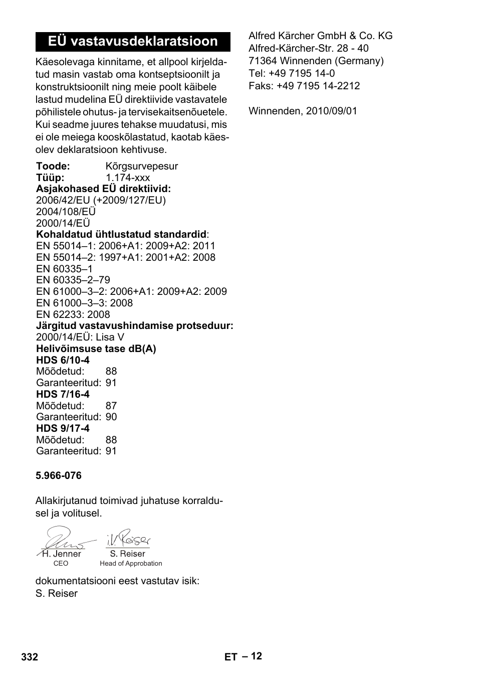 Eü vastavusdeklaratsioon | Karcher HDS 7-16 4C Basic User Manual | Page 332 / 376