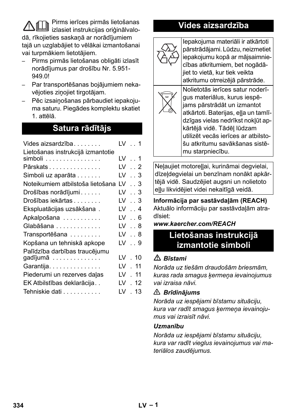 Latviešu, Satura rādītājs, Vides aizsardzība | Lietošanas instrukcijā izmantotie simboli | Karcher HDS 7-16 4C Basic User Manual | Page 334 / 376