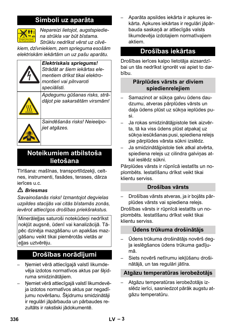 Simboli uz aparāta, Drošības norādījumi drošības iekārtas | Karcher HDS 7-16 4C Basic User Manual | Page 336 / 376