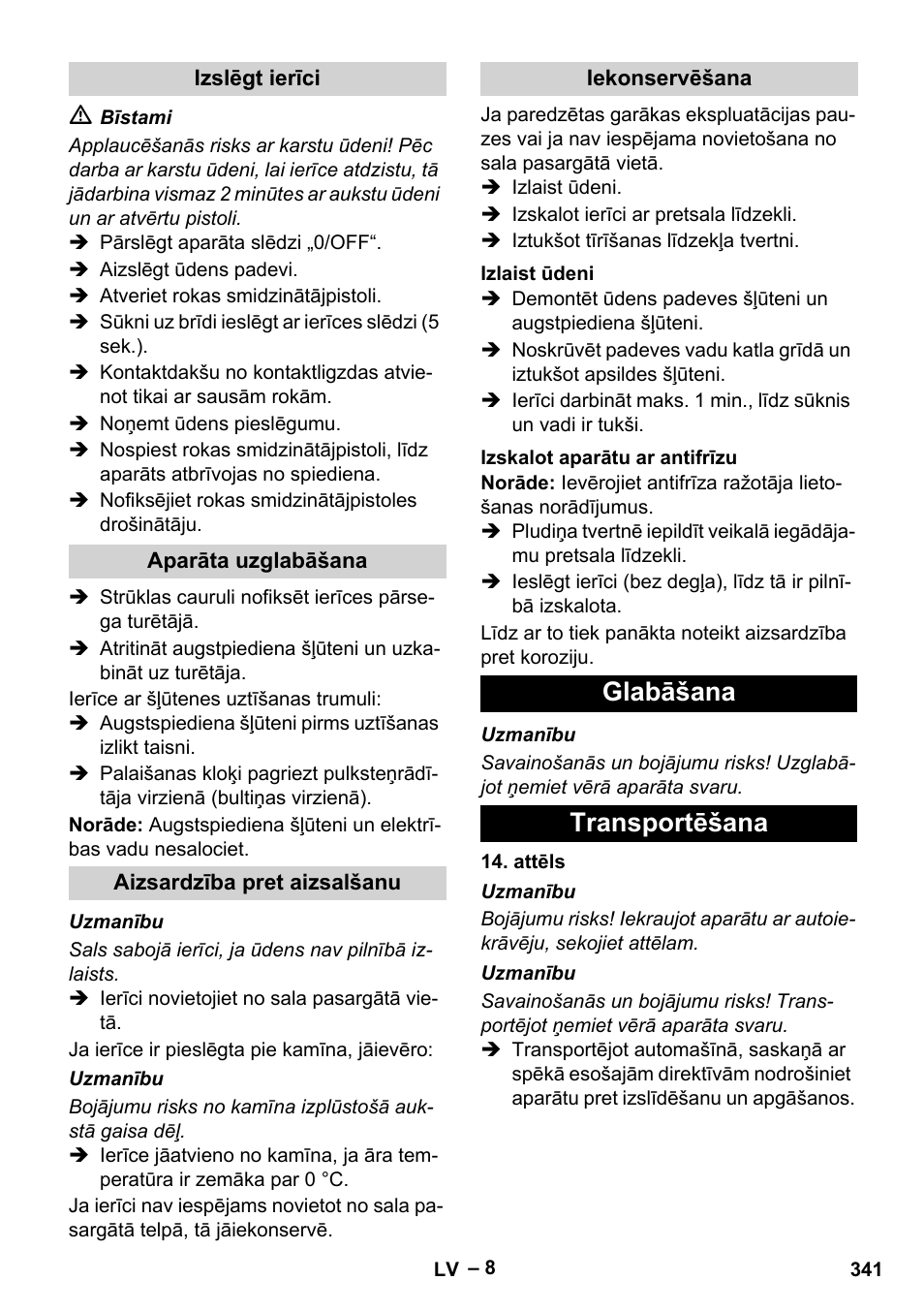 Glabāšana transportēšana | Karcher HDS 7-16 4C Basic User Manual | Page 341 / 376