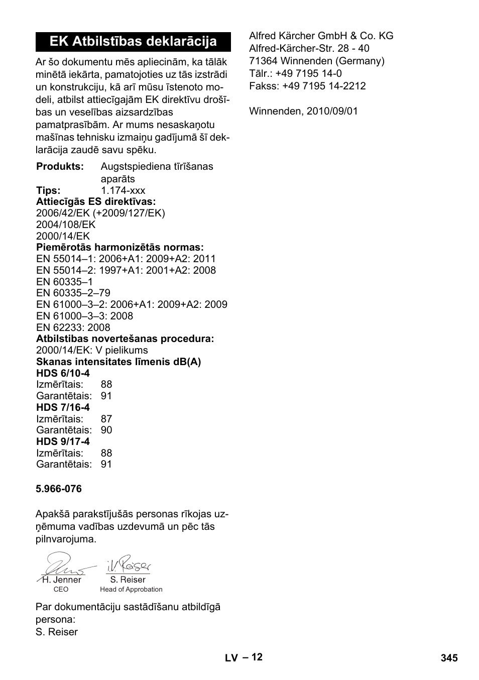 Ek atbilstības deklarācija | Karcher HDS 7-16 4C Basic User Manual | Page 345 / 376