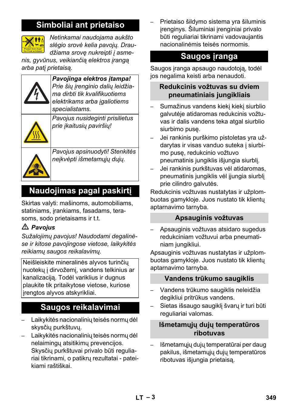 Simboliai ant prietaiso, Naudojimas pagal paskirtį, Saugos reikalavimai saugos įranga | Karcher HDS 7-16 4C Basic User Manual | Page 349 / 376