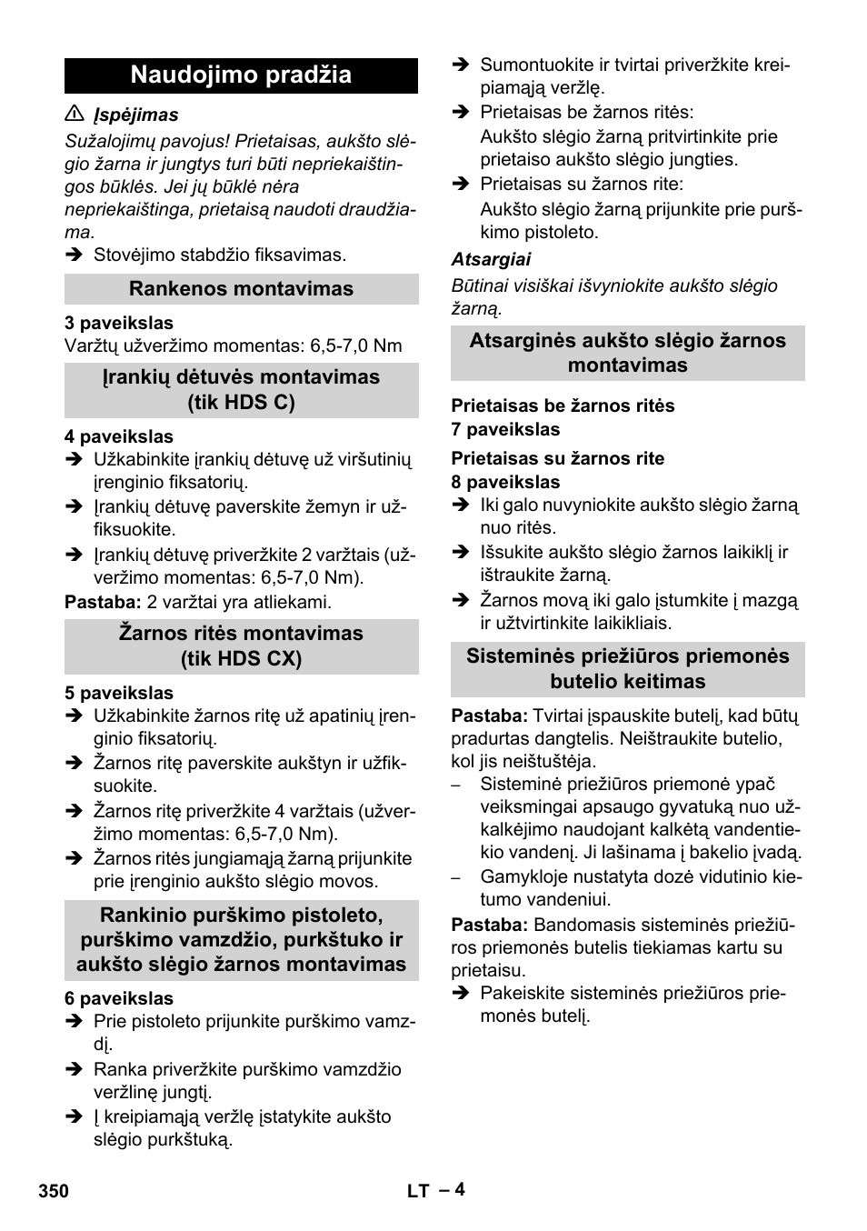 Naudojimo pradžia | Karcher HDS 7-16 4C Basic User Manual | Page 350 / 376