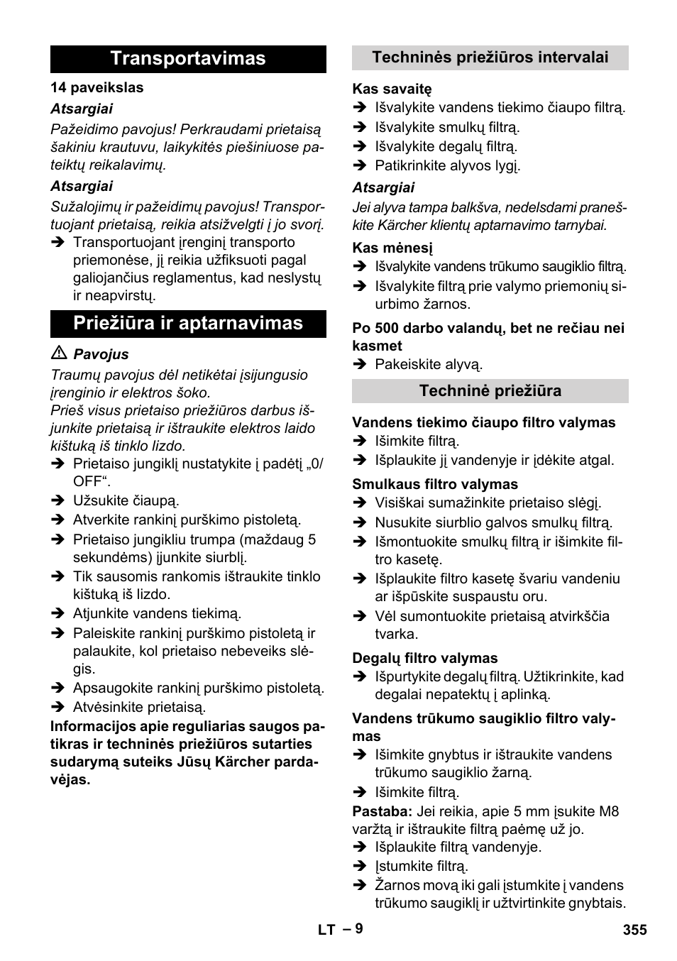 Transportavimas priežiūra ir aptarnavimas | Karcher HDS 7-16 4C Basic User Manual | Page 355 / 376