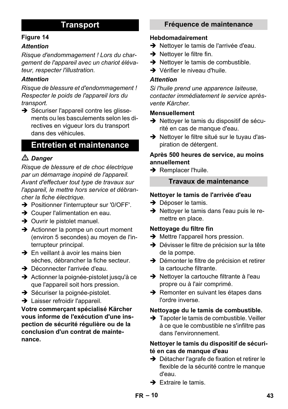 Transport entretien et maintenance | Karcher HDS 7-16 4C Basic User Manual | Page 43 / 376