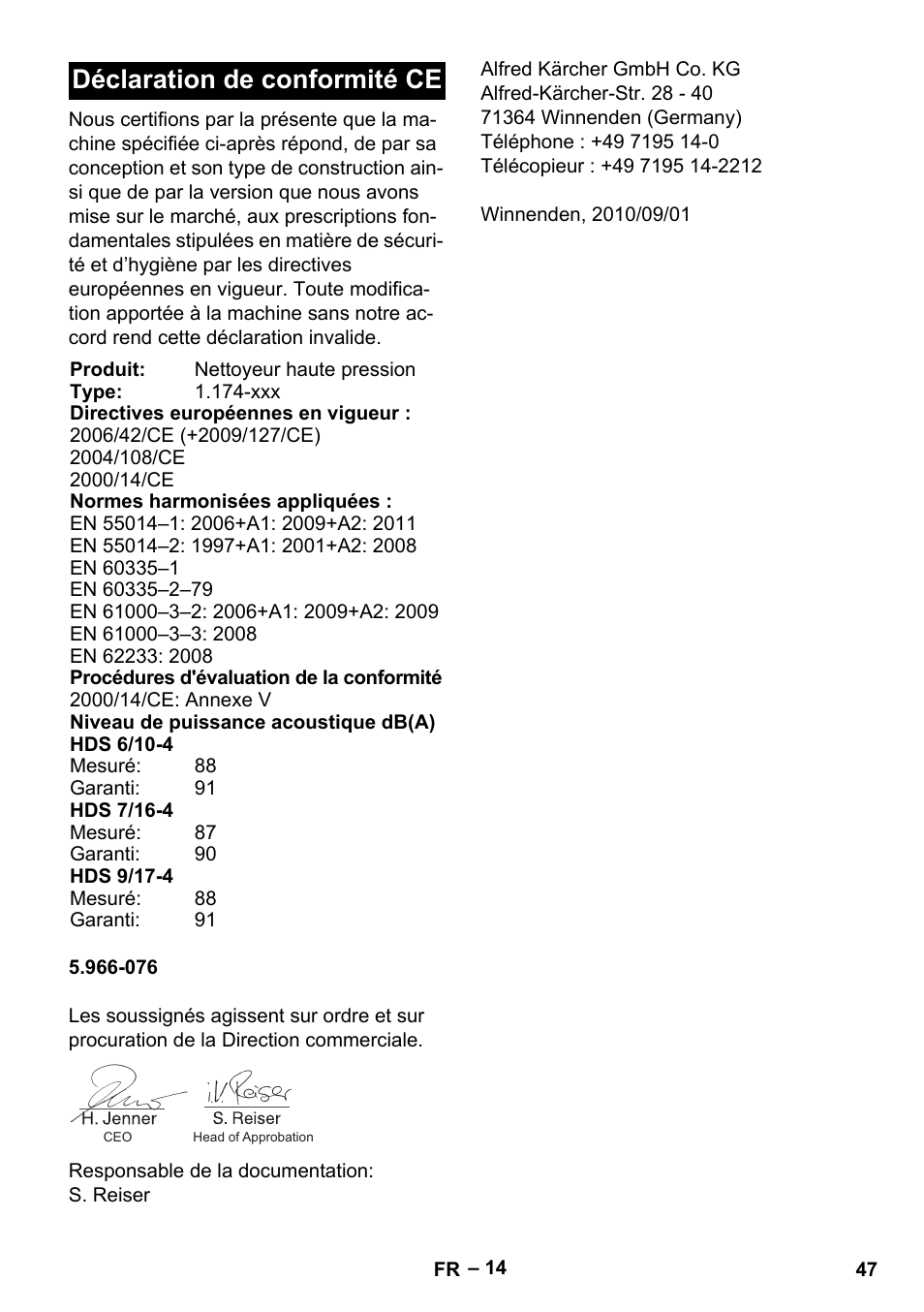 Déclaration de conformité ce | Karcher HDS 7-16 4C Basic User Manual | Page 47 / 376