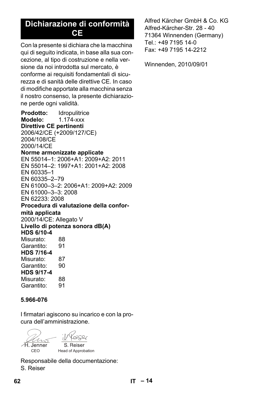 Dichiarazione di conformità ce | Karcher HDS 7-16 4C Basic User Manual | Page 62 / 376