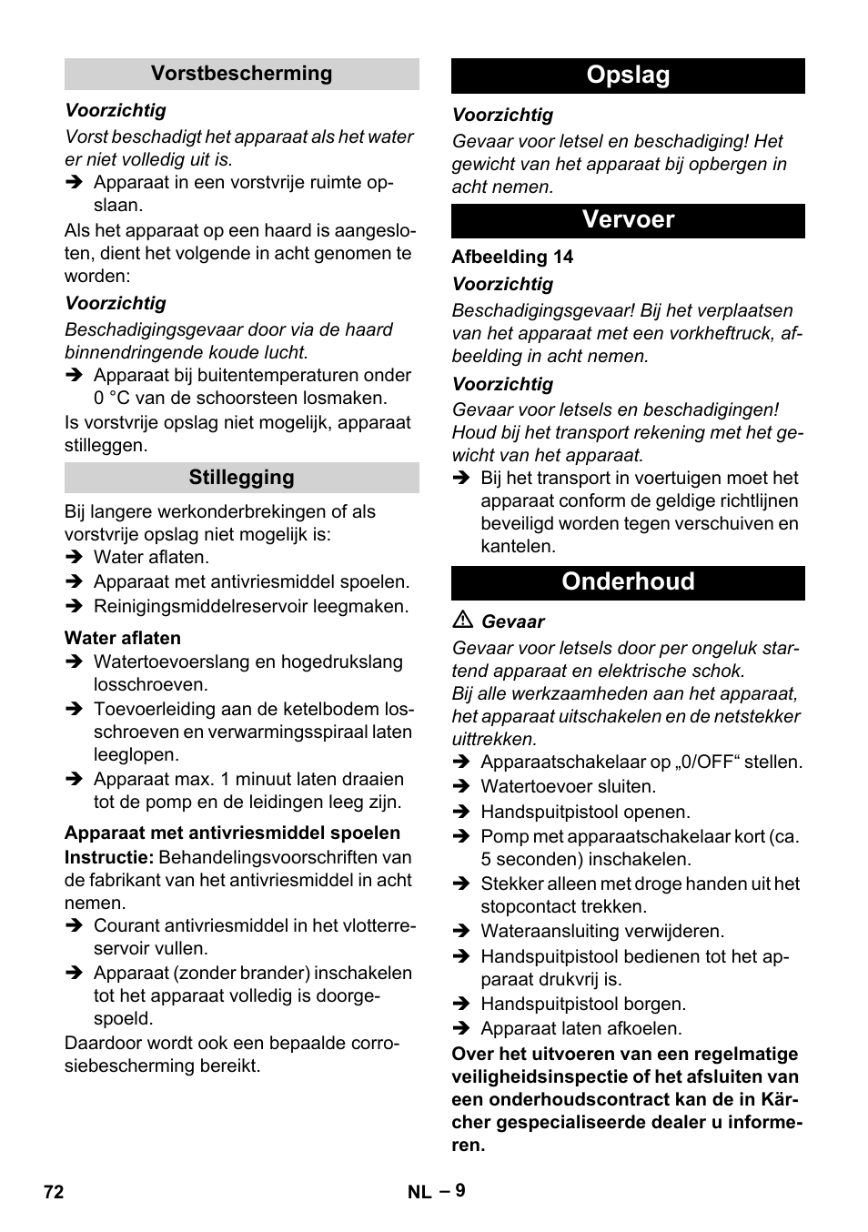 Opslag vervoer onderhoud | Karcher HDS 7-16 4C Basic User Manual | Page 72 / 376