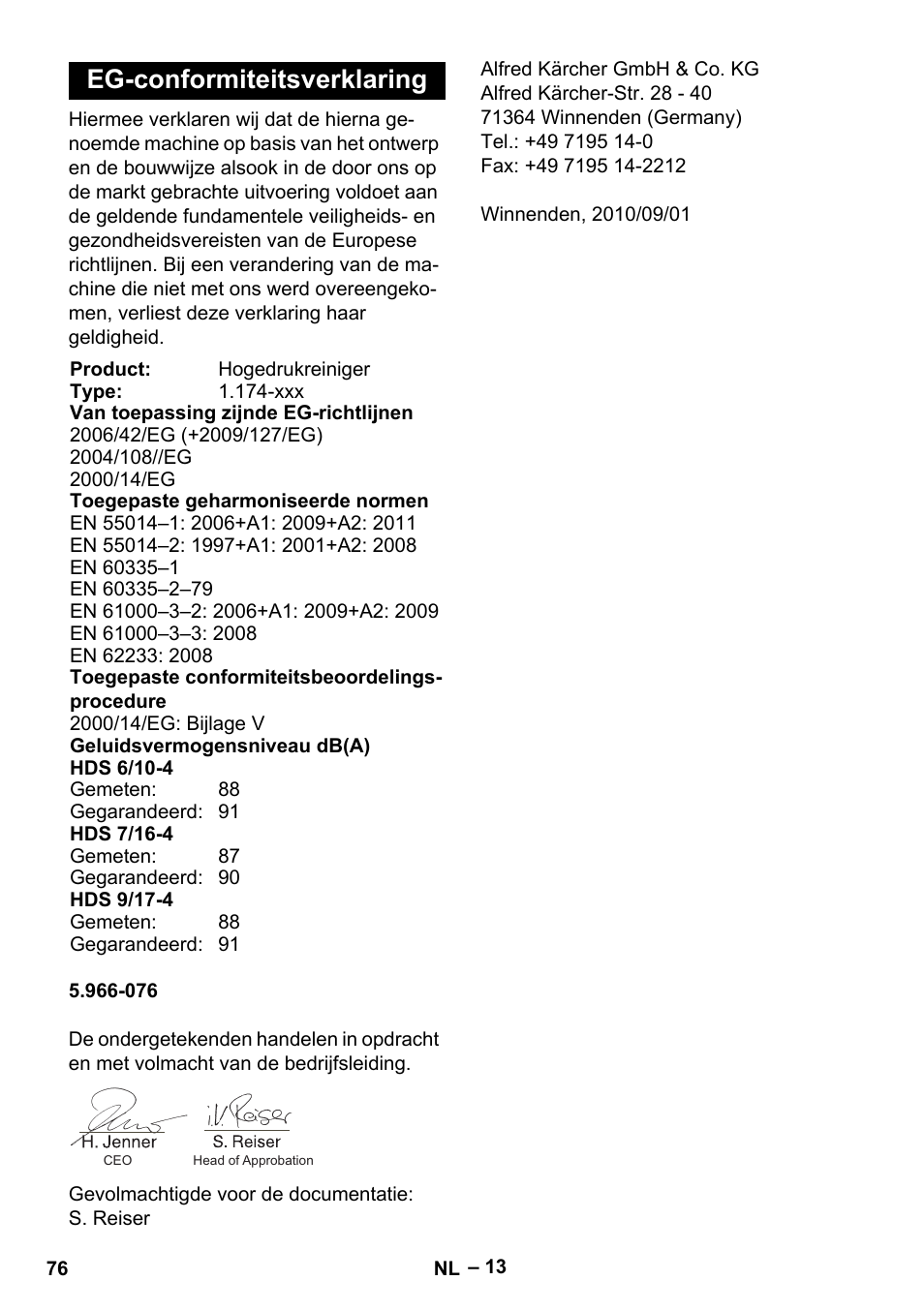 Eg-conformiteitsverklaring | Karcher HDS 7-16 4C Basic User Manual | Page 76 / 376