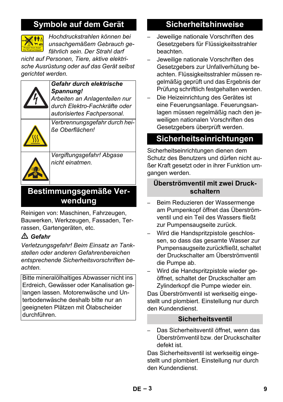 Symbole auf dem gerät, Bestimmungsgemäße ver- wendung, Sicherheitshinweise sicherheitseinrichtungen | Karcher HDS 7-16 4C Basic User Manual | Page 9 / 376