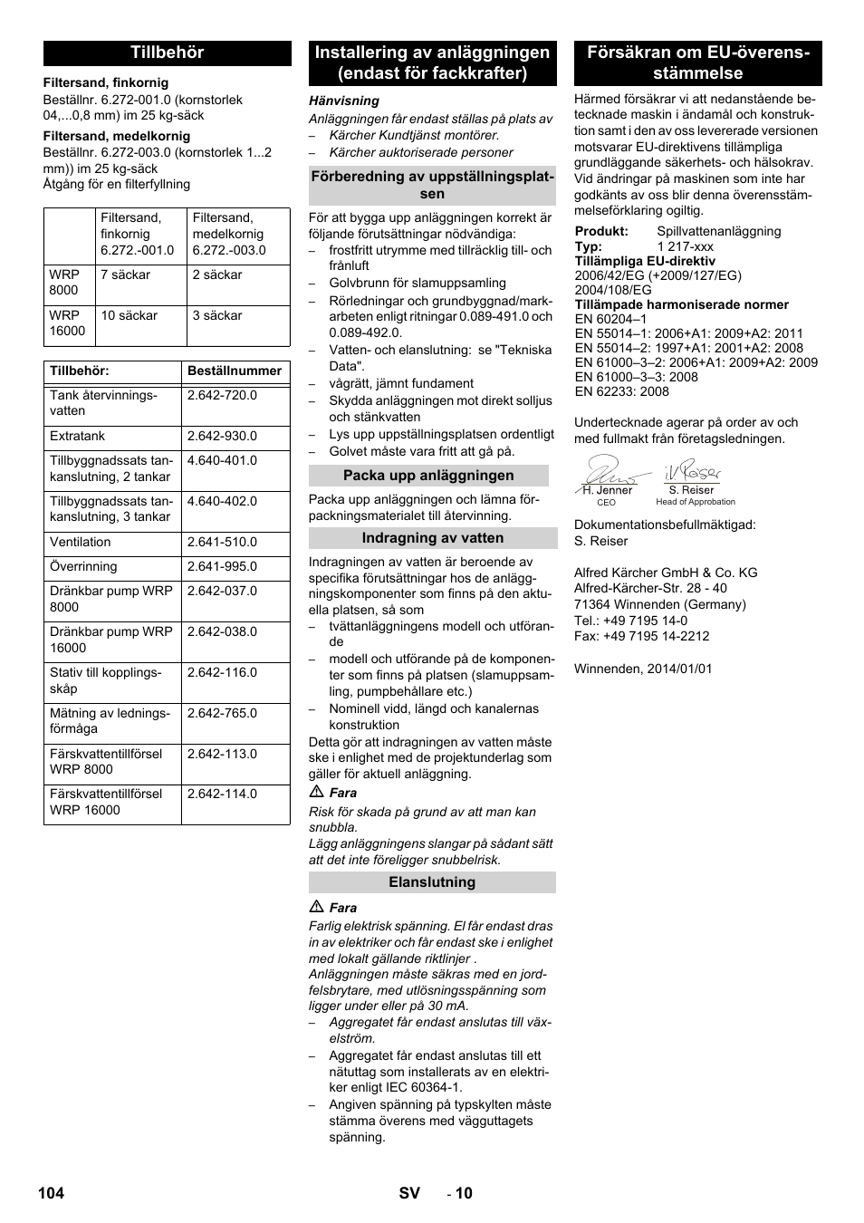 Tillbehör, Försäkran om eu-överens- stämmelse | Karcher Système de recyclage des eaux usées WRP 16000 User Manual | Page 104 / 280