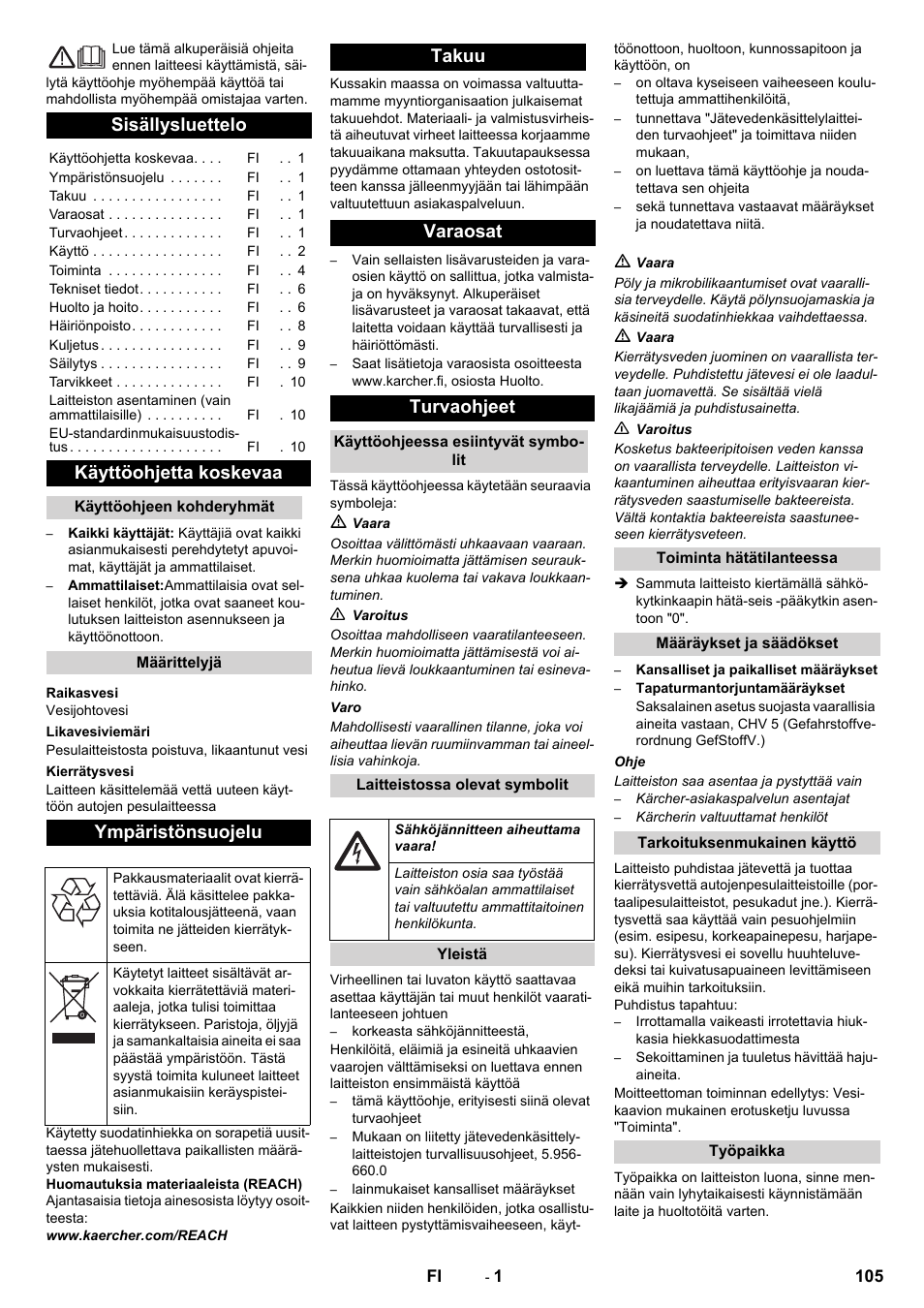 Suomi, Sisällysluettelo, Käyttöohjetta koskevaa | Ympäristönsuojelu, Takuu varaosat turvaohjeet | Karcher Système de recyclage des eaux usées WRP 16000 User Manual | Page 105 / 280