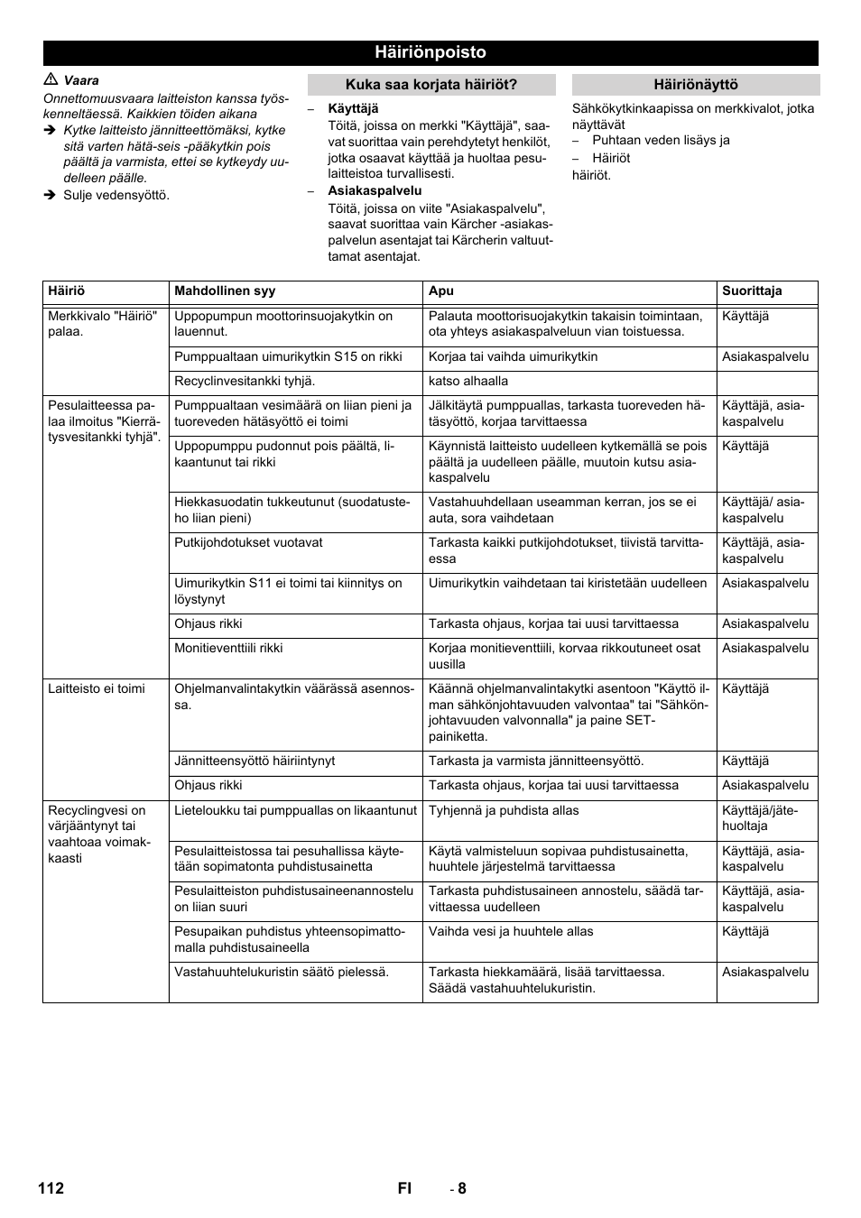 Häiriönpoisto | Karcher Système de recyclage des eaux usées WRP 16000 User Manual | Page 112 / 280