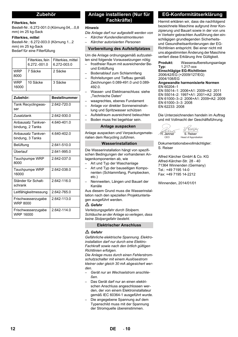 Zubehör, Anlage installieren (nur für fachkräfte), Eg-konformitätserklärung | Karcher Système de recyclage des eaux usées WRP 16000 User Manual | Page 12 / 280