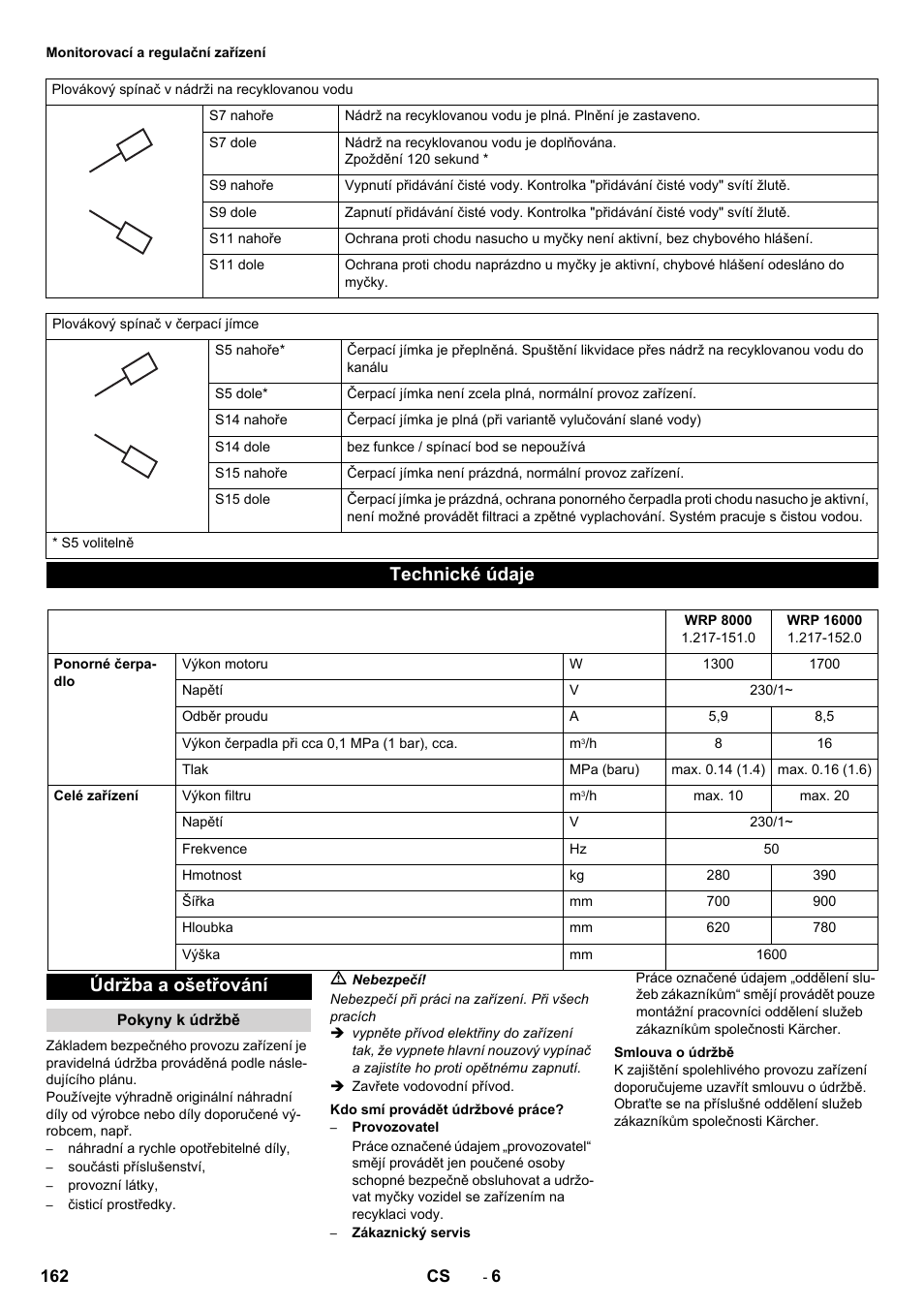 Technické údaje, Údržba a ošetřování | Karcher Système de recyclage des eaux usées WRP 16000 User Manual | Page 162 / 280