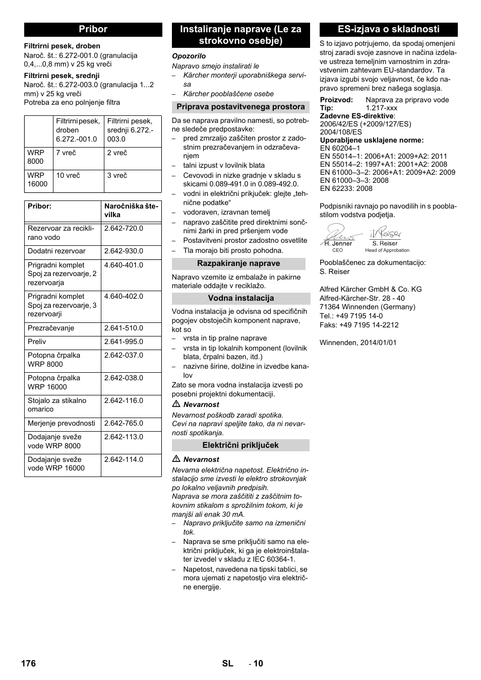 Pribor, Instaliranje naprave (le za strokovno osebje), Es-izjava o skladnosti | Karcher Système de recyclage des eaux usées WRP 16000 User Manual | Page 176 / 280