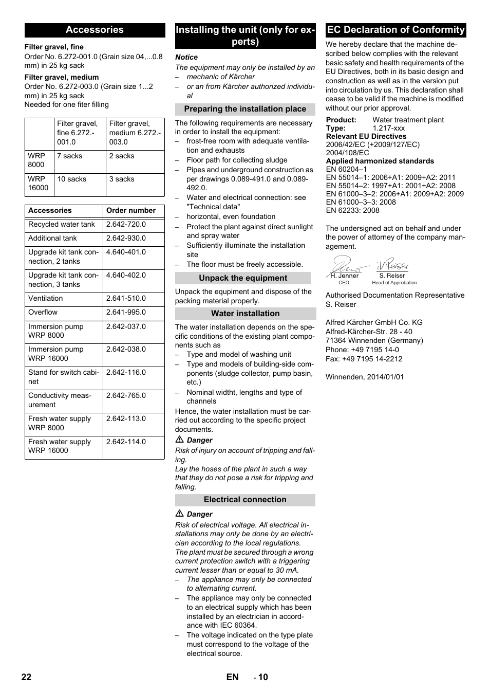 Accessories, Installing the unit (only for ex- perts), Ec declaration of conformity | Karcher Système de recyclage des eaux usées WRP 16000 User Manual | Page 22 / 280