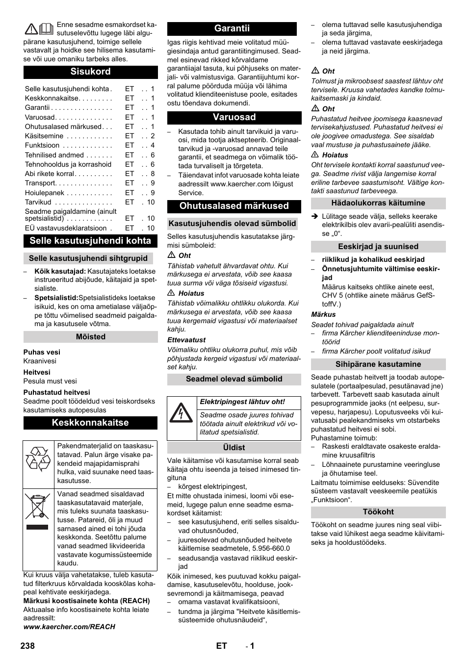 Eesti, Sisukord, Selle kasutusjuhendi kohta | Keskkonnakaitse, Garantii varuosad ohutusalased märkused | Karcher Système de recyclage des eaux usées WRP 16000 User Manual | Page 238 / 280