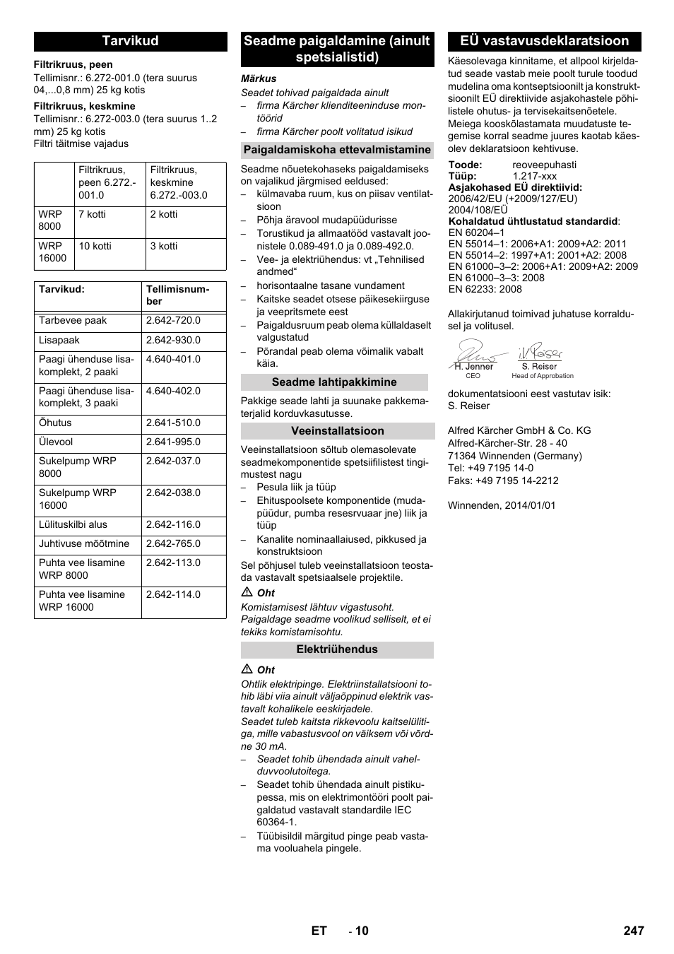 Tarvikud, Seadme paigaldamine (ainult spetsialistid), Eü vastavusdeklaratsioon | Karcher Système de recyclage des eaux usées WRP 16000 User Manual | Page 247 / 280