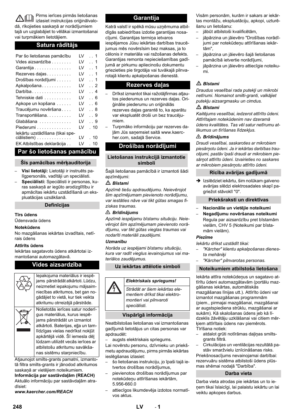 Latviešu, Satura rādītājs, Par šo lietošanas pamācību | Vides aizsardzība, Garantija rezerves daļas drošības norādījumi | Karcher Système de recyclage des eaux usées WRP 16000 User Manual | Page 248 / 280