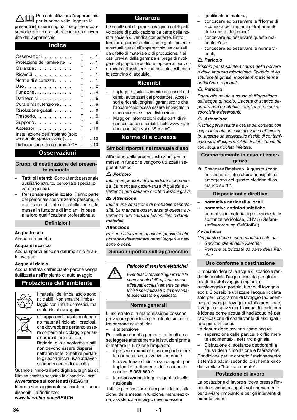 Italiano, Indice, Osservazioni | Protezione dell’ambiente, Garanzia ricambi norme di sicurezza | Karcher Système de recyclage des eaux usées WRP 16000 User Manual | Page 34 / 280