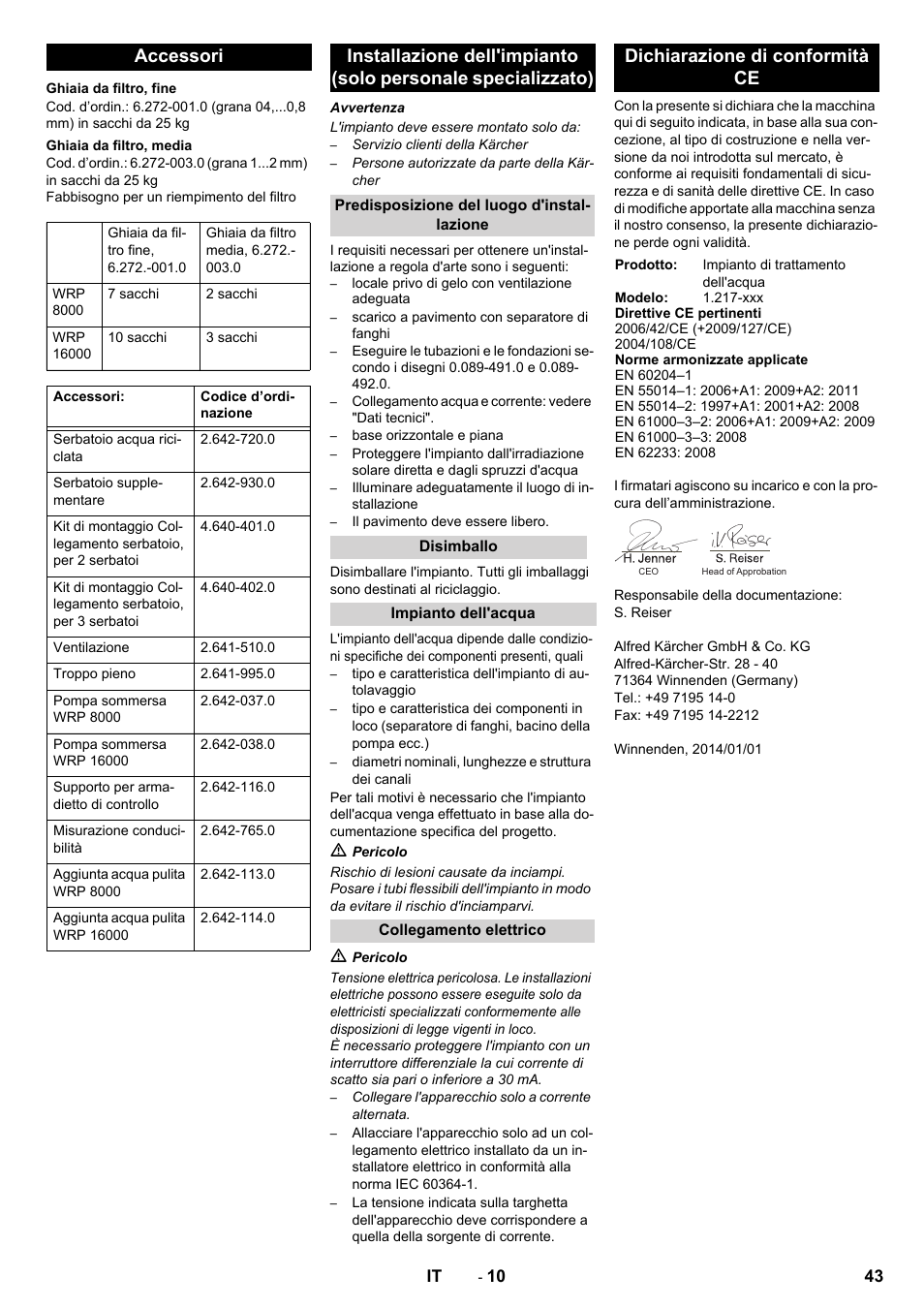 Accessori, Dichiarazione di conformità ce | Karcher Système de recyclage des eaux usées WRP 16000 User Manual | Page 43 / 280