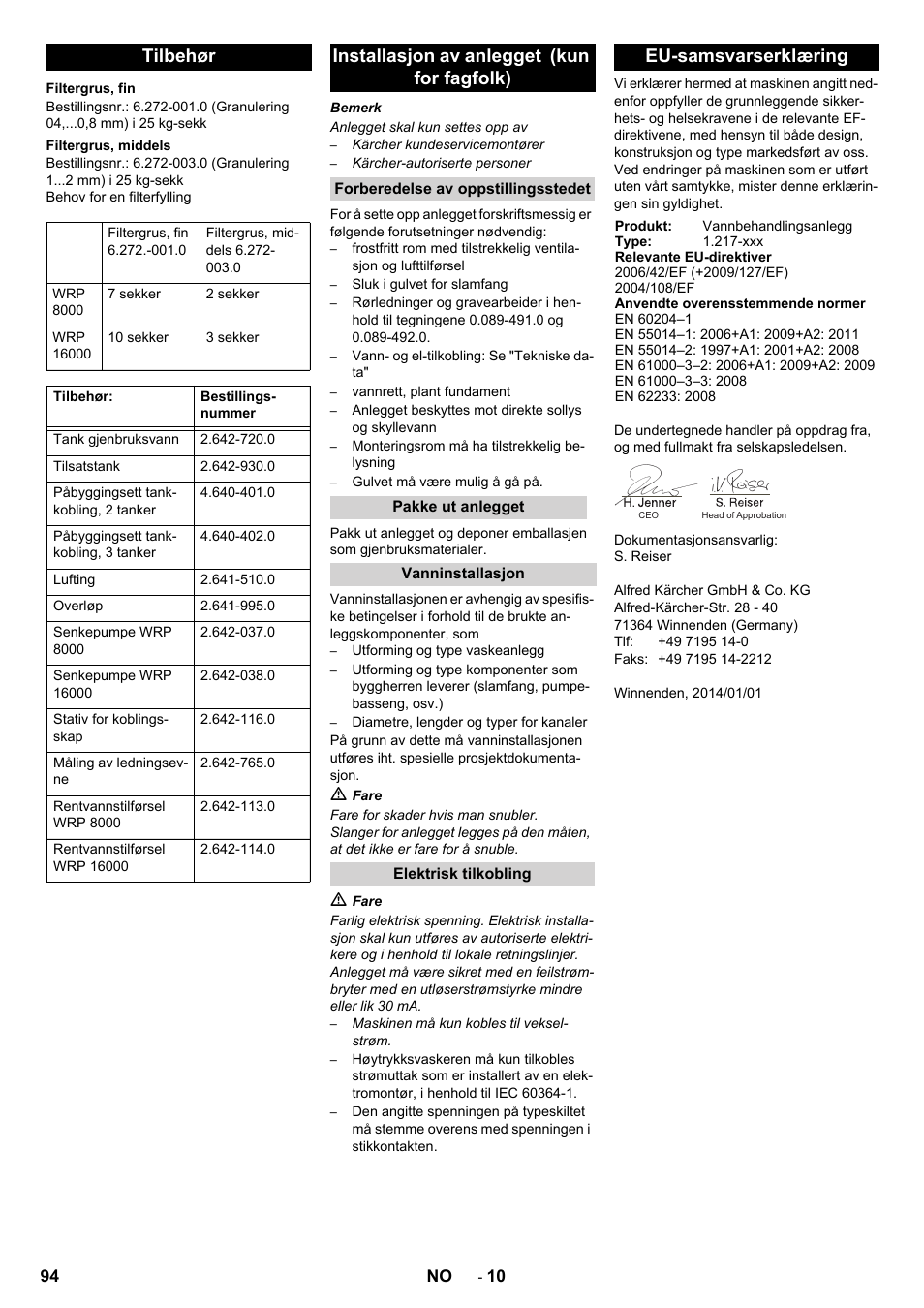 Tilbehør, Installasjon av anlegget (kun for fagfolk), Eu-samsvarserklæring | Karcher Système de recyclage des eaux usées WRP 16000 User Manual | Page 94 / 280