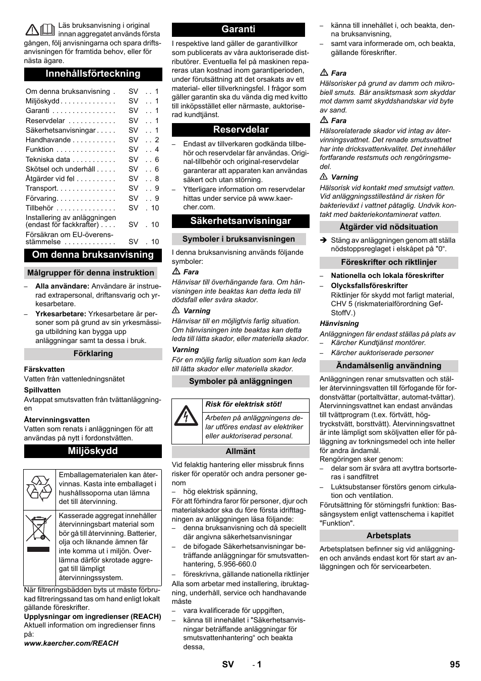 Svenska, Innehållsförteckning, Om denna bruksanvisning | Miljöskydd, Garanti reservdelar säkerhetsanvisningar | Karcher Système de recyclage des eaux usées WRP 16000 User Manual | Page 95 / 280