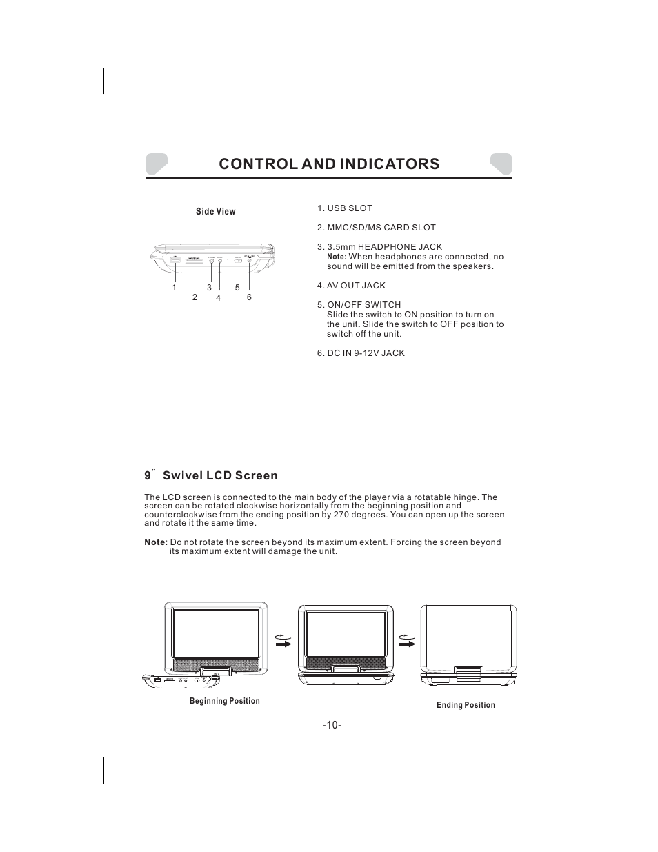 Control and indicators, 9swivel lcd screen | Audiovox DS9343TPK User Manual | Page 10 / 32