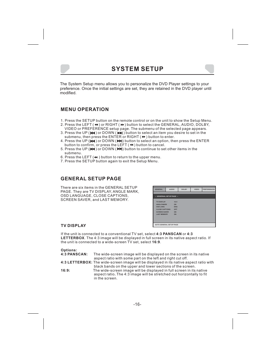 System setup, Menu operation, General setup page | Tv display | Audiovox DS9343TPK User Manual | Page 16 / 32