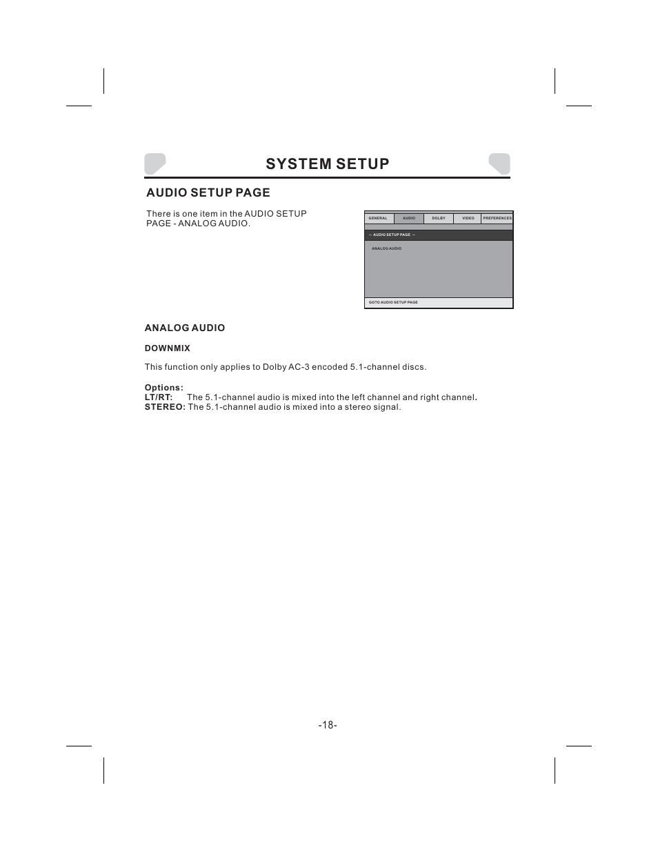 System setup, Audio setup page, Analog audio | Audiovox DS9343TPK User Manual | Page 18 / 32
