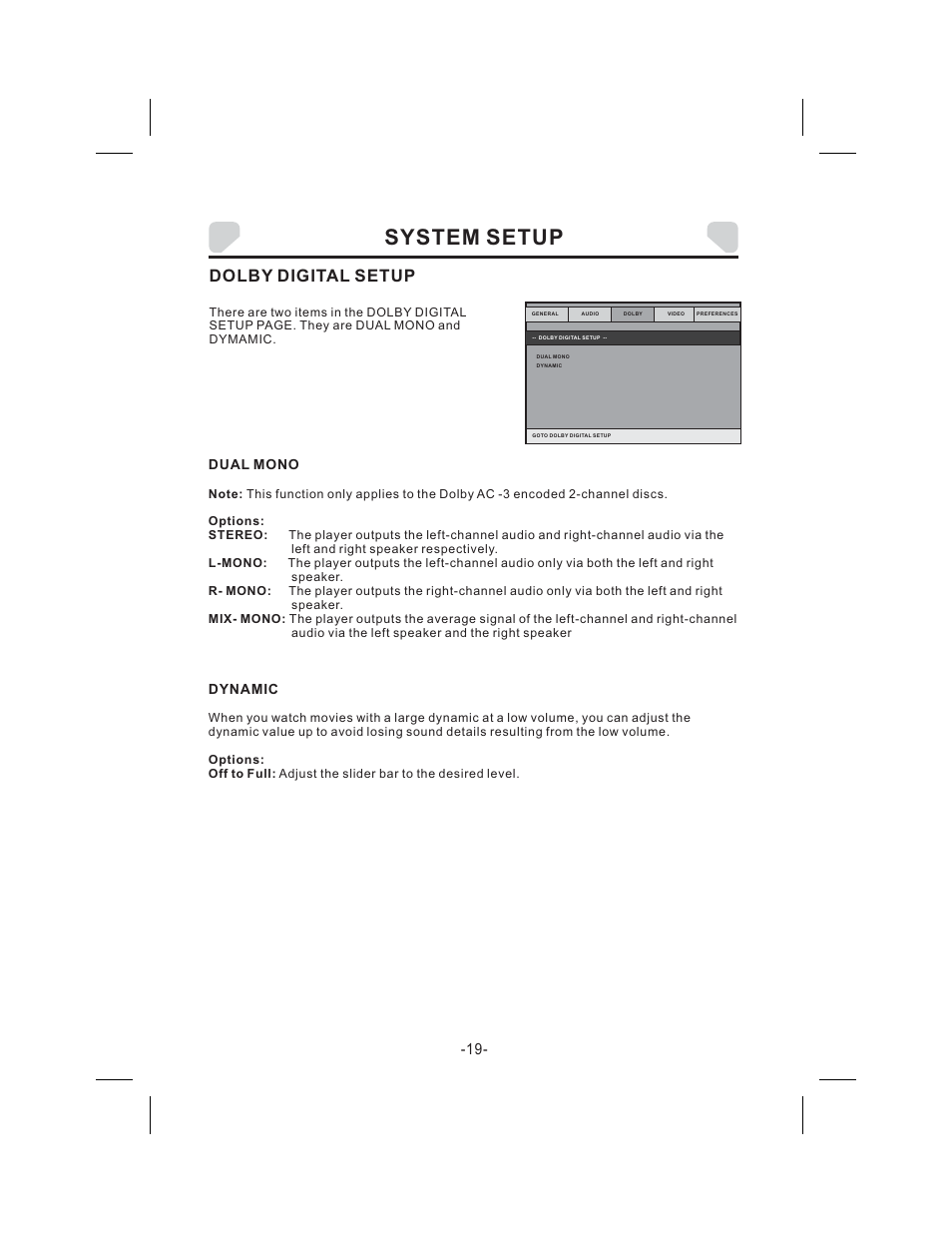 System setup, Dolby digital setup | Audiovox DS9343TPK User Manual | Page 19 / 32