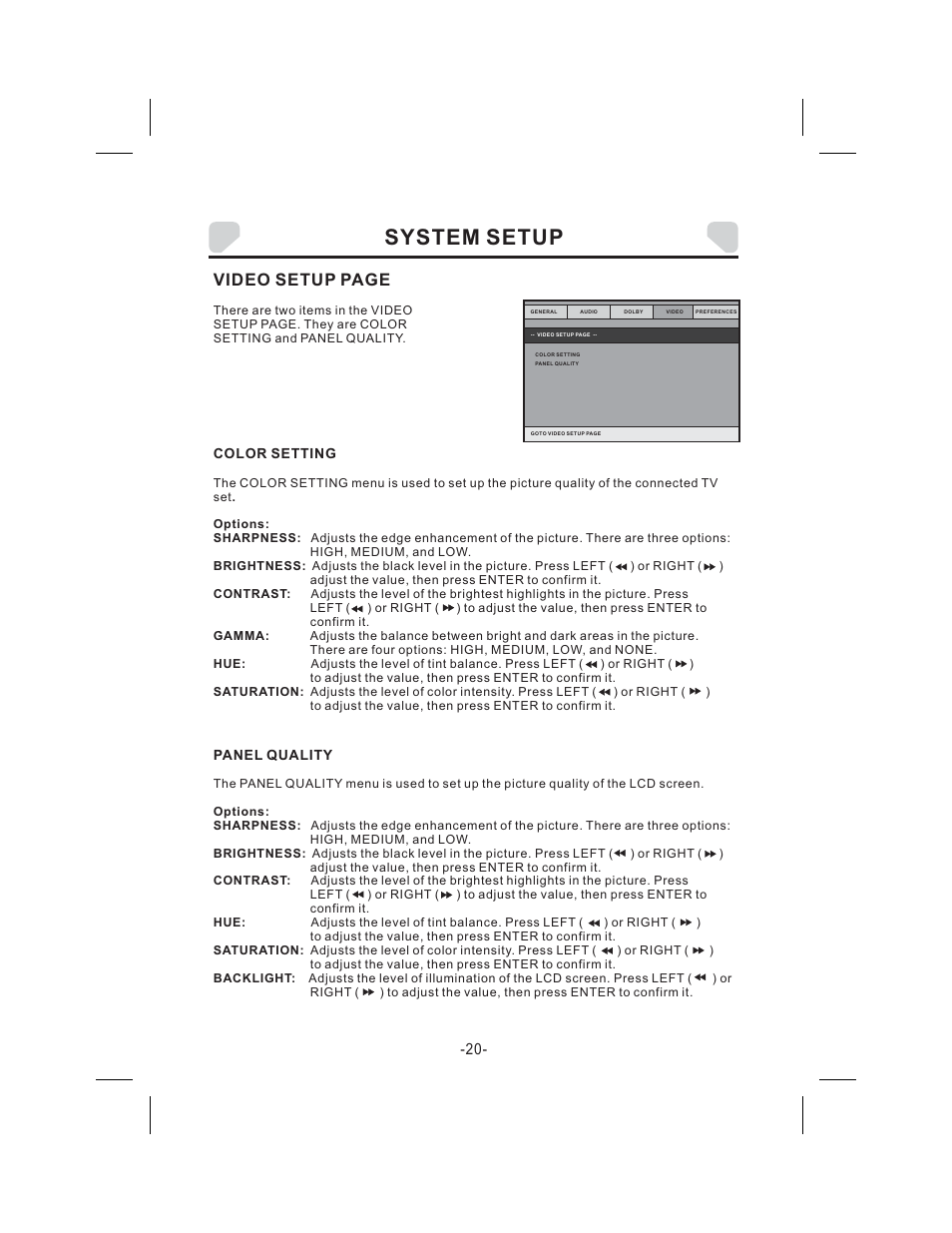 System setup, Video setup page | Audiovox DS9343TPK User Manual | Page 20 / 32