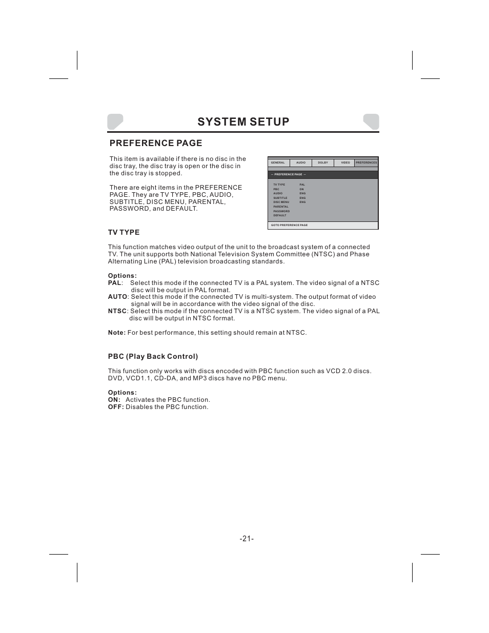 System setup, Preference page, Tv type pbc (play back control) | Audiovox DS9343TPK User Manual | Page 21 / 32