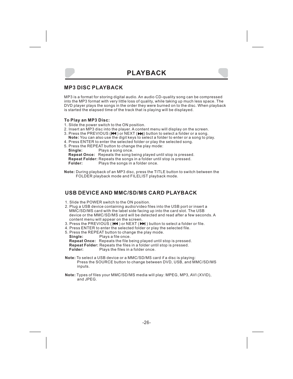 Playback, Mp3 disc playback, Usb device and mmc/sd/ms card playback | Audiovox DS9343TPK User Manual | Page 26 / 32