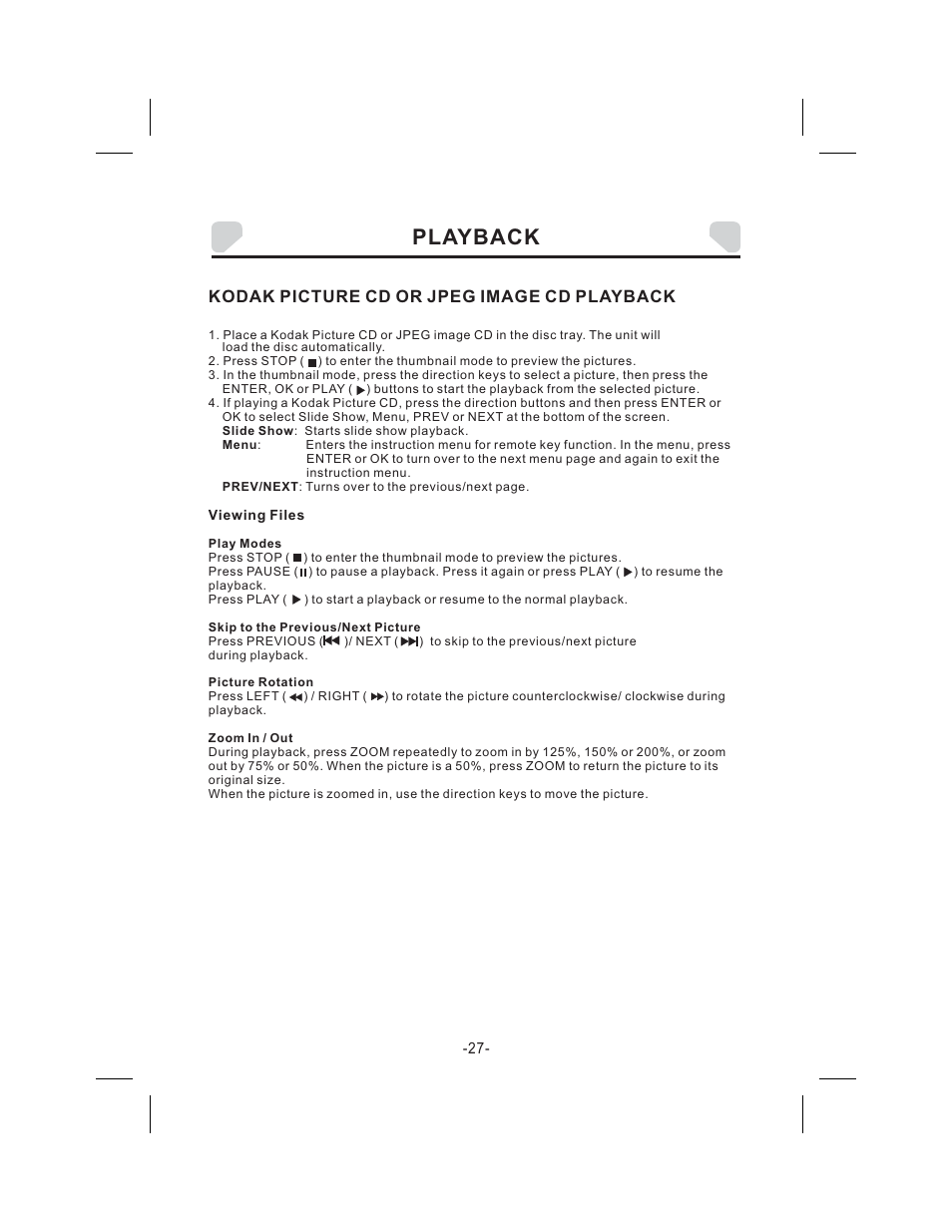 Playback, Kodak picture cd or jpeg image cd playback | Audiovox DS9343TPK User Manual | Page 27 / 32