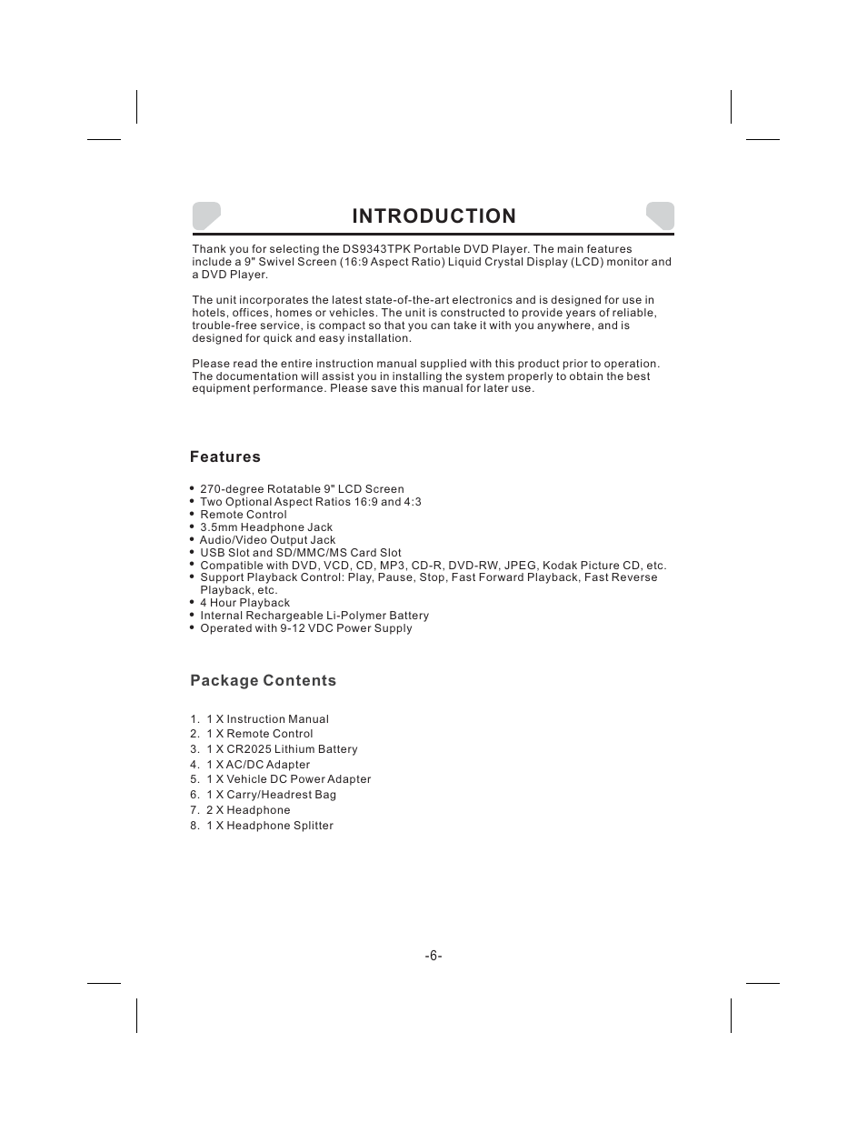 Introduction, Package contents, Features | Audiovox DS9343TPK User Manual | Page 6 / 32