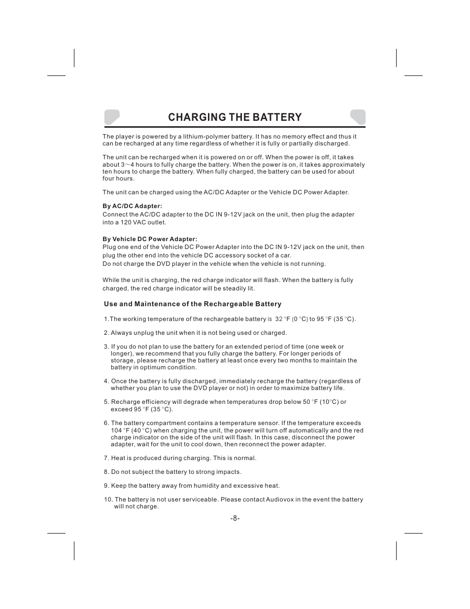 Charging the battery | Audiovox DS9343TPK User Manual | Page 8 / 32