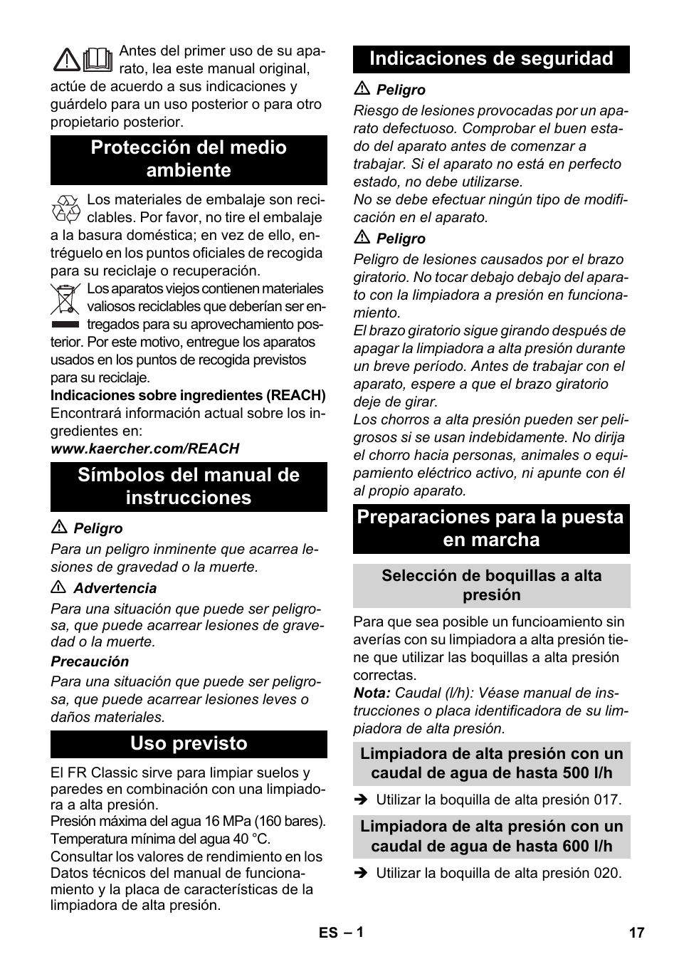 Español | Karcher Nettoyeur haute pression HD 5-15 C+ avec FR Classic User Manual | Page 17 / 84