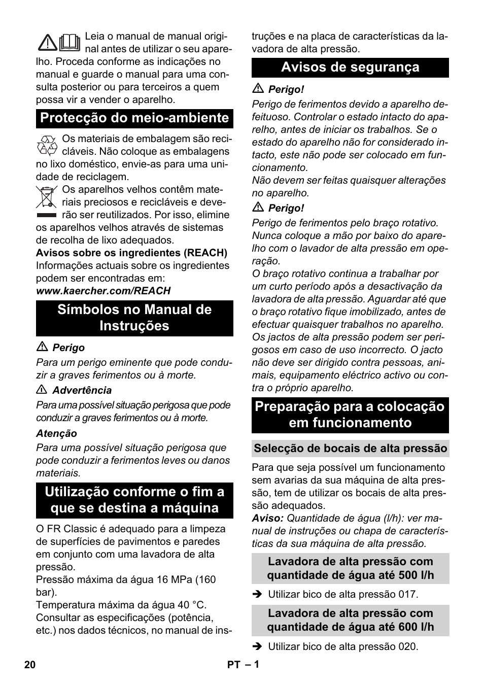 Português | Karcher Nettoyeur haute pression HD 5-15 C+ avec FR Classic User Manual | Page 20 / 84