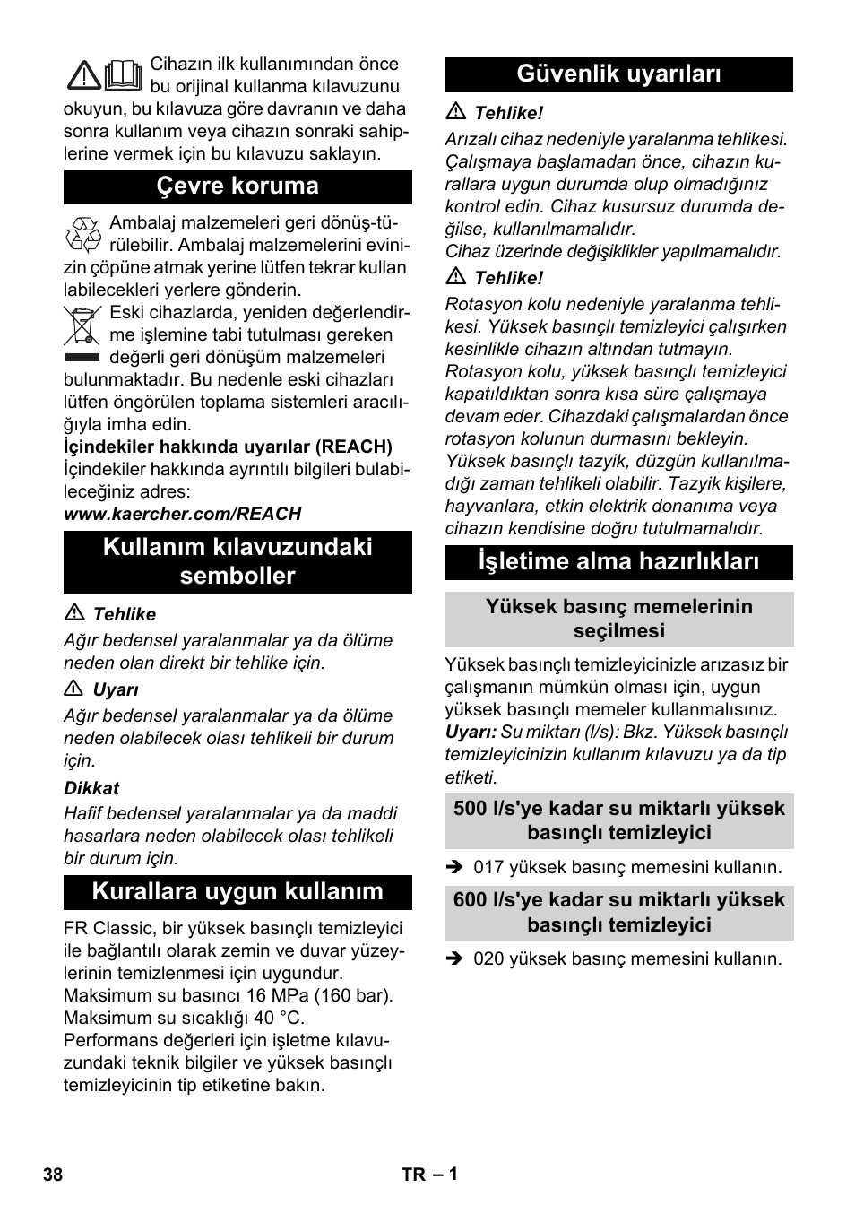 Türkçe | Karcher Nettoyeur haute pression HD 5-15 C+ avec FR Classic User Manual | Page 38 / 84