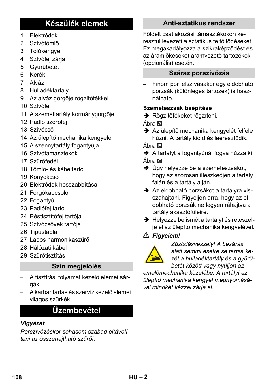 Készülék elemek, Üzembevétel | Karcher Aspirateur eau et poussières NT 55-2 Tact Me I User Manual | Page 108 / 204